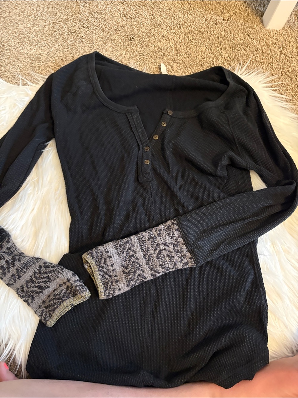 Free People Black Long-Sleeve Henley with Patterned Gray Cuffs